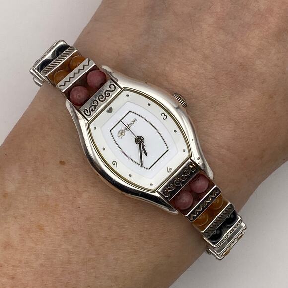 Vintage BRIGHTON BERGAMO Silver Plated Watch Gemstone New Battery Works MSRP 125